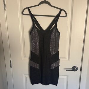 bebe Black and Silver Mini bandage Dress